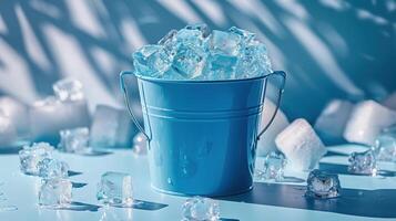 Blue Metal Bucket Filled with Ice Cubes on a Light Blue Surface with Shadows in the Background photo