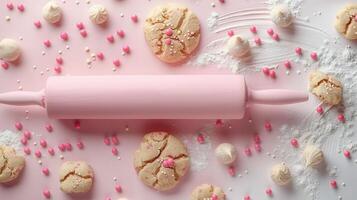 Pink Rolling Pin with Cookies and Baking Ingredients on Pastel Background - Sweet Baking Concept photo