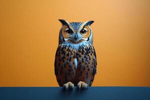Majestic Owl with Striking Orange Eyes Perched Against a Vibrant Orange Background photo