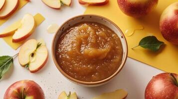 Fresh Homemade Applesauce in a Bowl Surrounded by Sliced Apples and Leaves on a White and Yellow Background photo