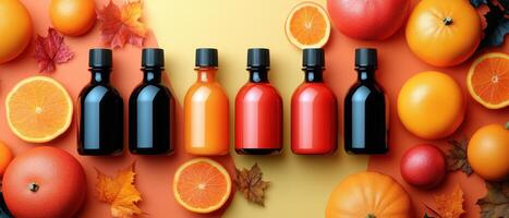Colorful Bottles with Fresh Citrus Fruits and Autumn Leaves on a Vibrant Background photo