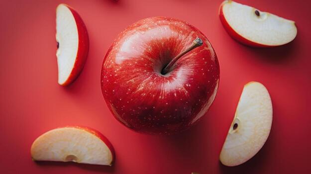 Fresh Red Apple with Slices on Red Background - High-Quality Stock Photo for Food and Health Themes