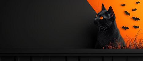 Black Cat with Orange Eyes and Halloween Bats on Black and Orange Background photo