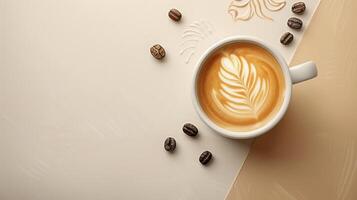Elegant Latte Art in a White Cup with Coffee Beans on a Minimalistic Beige Background photo