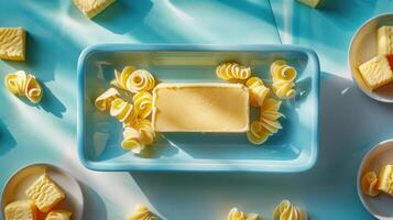 Fresh Butter in Blue Dish with Decorative Curls on Light Blue Background - High-Quality Food Photography photo