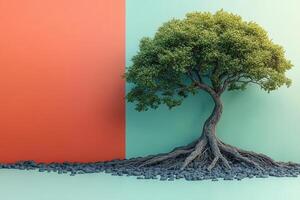 Modern Art Tree with Exposed Roots Against Colorful Background in Minimalist Style photo