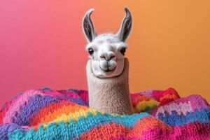 Adorable Llama Wrapped in Colorful Knitted Blanket Against Vibrant Gradient Background photo