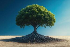 Majestic Tree with Extensive Root System in a Barren Landscape Under a Clear Blue Sky photo