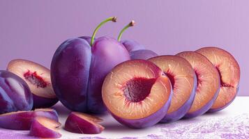 Fresh Purple Plums Whole and Sliced on a Light Purple Background with a Vibrant and Juicy Appearance photo