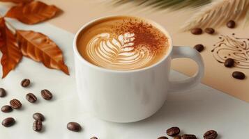 Artistic Latte with Cinnamon in White Mug Surrounded by Coffee Beans and Leaves on a Stylish Background photo