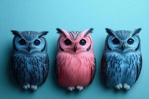 Three Colorful Owls on Blue Background - Unique Pink Owl Between Two Blue Owls photo