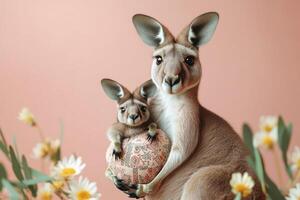 Mother Kangaroo with Joey in Pouch Surrounded by Flowers on a Soft Pink Background photo