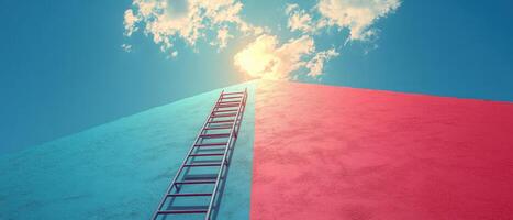 Ladder Leading to Sky on Colorful Wall with Blue and Pink Sections Under Bright Sunlight photo