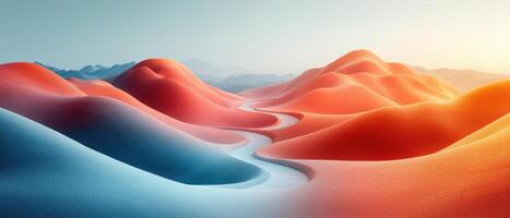 Stunning Abstract Landscape of Colorful Sand Dunes with a Serene River at Sunrise photo