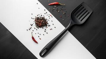 Black Spatula with Mixed Peppercorns and Red Chili Peppers on Black and White Background photo