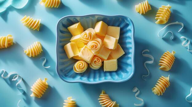Artistic Arrangement of Butter Curls and Cubes in a Blue Dish on a Light Blue Background photo