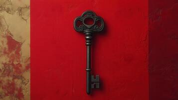 Vintage Black Skeleton Key on Red and Gold Textured Background - Antique Key Decor photo