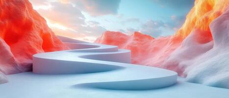 Surreal Winding Path Through Vibrant Snowy Landscape with Colorful Sky at Sunset photo