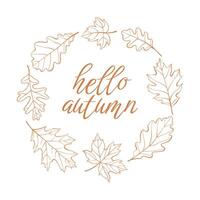 Autumn outline leaves a round frame. Fall composition with HELLO AUTUMN lettering. Autumnal season welcome hand drawn sticker. Illustration isolated on a white background in doodle style. vector