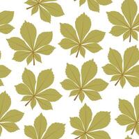 Autumn chestnut leaves a seamless pattern. Fall background with green horse chestnut leaf on white background. Botanical background for wrapping paper, wallpaper, and fabric. Foliage print. vector