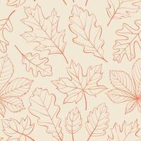 Oak, maple, chestnut leaves outline seamless pattern. Autumn or spring leaves in doodle style. Monochrome red foliage contour on beige background for wrapping paper, wallpaper, and fabric. vector