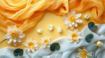Elegant Arrangement of White and Yellow Lotus Flowers with Flowing Fabric on a Yellow Background photo