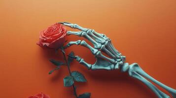 Skeleton Hand Holding a Red Rose Against an Orange Background - Symbolic and Artistic Conceptual Image photo
