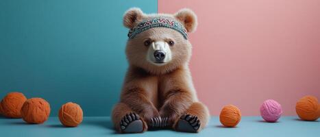 Adorable Baby Bear Wearing Knitted Hat Sitting Among Colorful Yarn Balls on Pastel Background photo