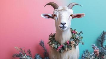 Charming Goat with Floral Wreath Against Colorful Gradient Background - Perfect for Nature and Animal Themes photo