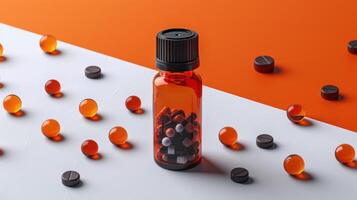Red Pill Bottle with Various Pills and Capsules on a Two-Tone Orange and White Background photo