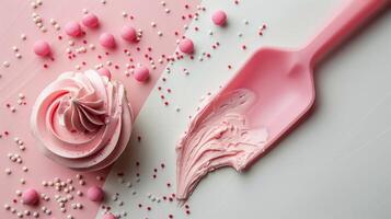 Pink Frosted Cupcake with Sprinkles and Icing Spatula on a Pastel Background photo