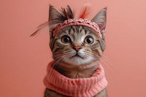 Adorable Tabby Kitten Wearing a Pink Sweater and Feather Headband on a Soft Coral Background photo