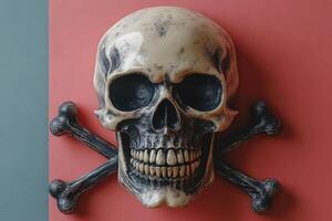 Realistic Skull and Crossbones Wall Art on Red and Blue Background - Modern Decorative Sculpture photo