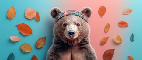 Adorable Bear Wearing Headband Surrounded by Autumn Leaves on Colorful Background photo