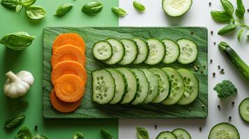 Fresh Sliced Vegetables on Green Cutting Board with Basil and Garlic - Healthy Eating Concept photo