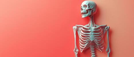 Human Skeleton Model Against Coral Background with Copy Space for Medical and Educational Use photo