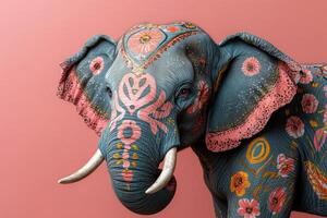 Colorful Painted Elephant with Floral Patterns Against a Pink Background photo