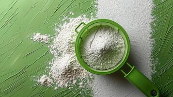 Flour Sifter on Green Textured Background with Spilled Flour - Baking and Cooking Concept photo