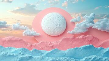 Surreal Dreamscape with Moon, Clouds, and Pastel-Colored Mountains Under a Vibrant Sky photo