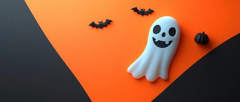 Halloween Background with Cute Ghost, Bats, and Pumpkin on Orange and Black Diagonal Split photo