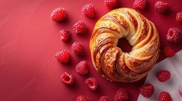 Freshly Baked Croissant with Raspberries on Red Background - Delicious Pastry and Fruit Arrangement photo