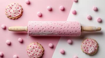 Pink Rolling Pin with Polka Dots and Decorated Cookies on a Pink and White Background photo