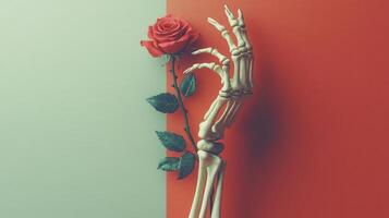 Skeleton Hand Holding Red Rose Against Split Red and Green Background, Symbolizing Life and Death, Love and Mortality photo