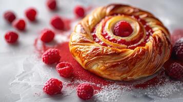 Delicious Raspberry Danish Pastry with Fresh Raspberries and Powdered Sugar on Marble Background photo