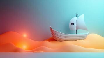 Minimalistic 3D Render of a Sailboat on Abstract Waves with Soft Lighting and Gradient Background photo