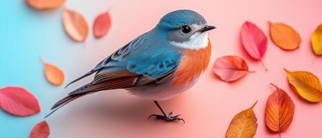 Colorful Bird Perched Among Vibrant Autumn Leaves on a Gradient Background photo