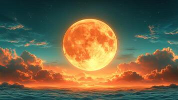 Stunning Full Moon Rising Over Vibrant Clouds in a Night Sky - Captivating Celestial Landscape photo