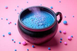 Magical Black Cauldron with Blue Potion and Colorful Bubbles on Pink Background photo