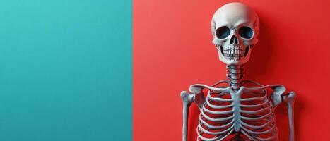 Human Skeleton Model on Vibrant Red and Blue Background - Medical and Educational Anatomy Concept photo
