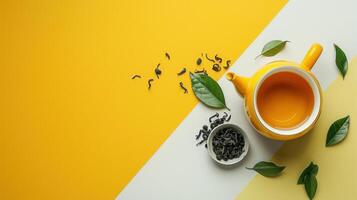 Top View of a Yellow Teapot with Green Tea Leaves on a Modern Yellow and White Background photo